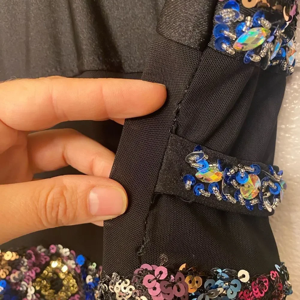 Glamour solo custom dance costume black blue leotard rhinestone LA-Large adult